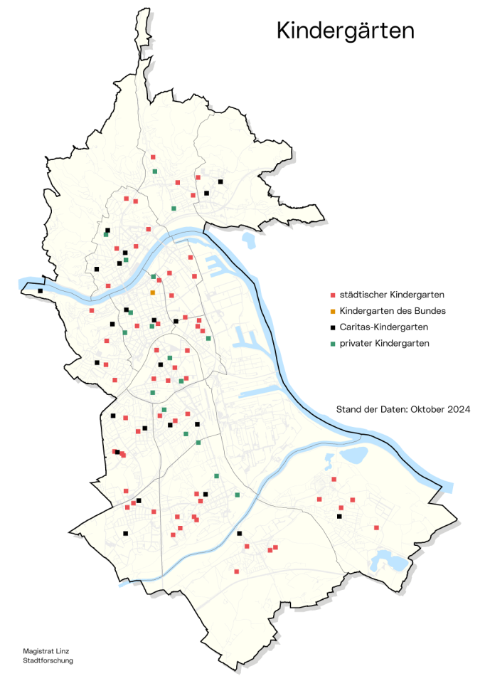 Stadtkarte Kindergärten: Die Grafik zeigt, wo sich die Kindergärten der Stadt, der Caritas, Privater   bzw. des Bundes befinden.