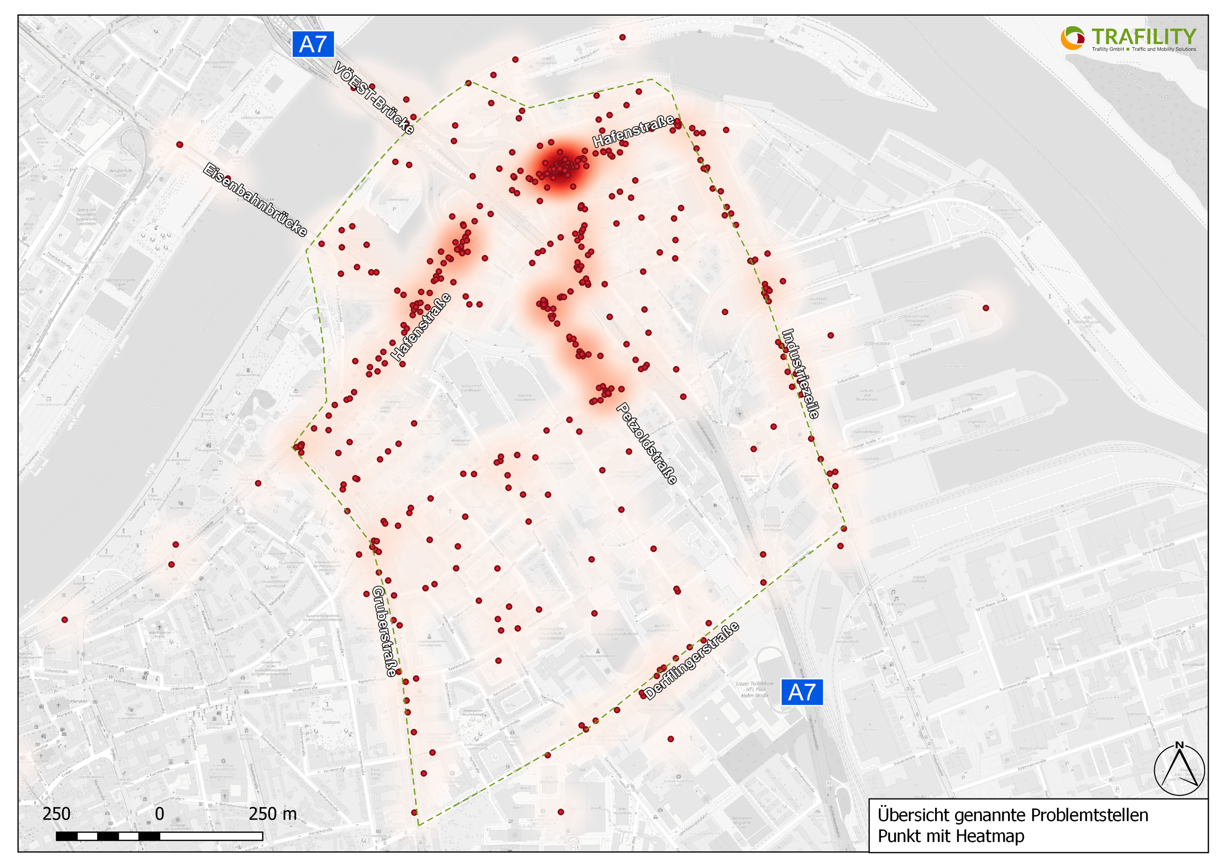 Heat Map des Projektgebiets im Linzer Osten