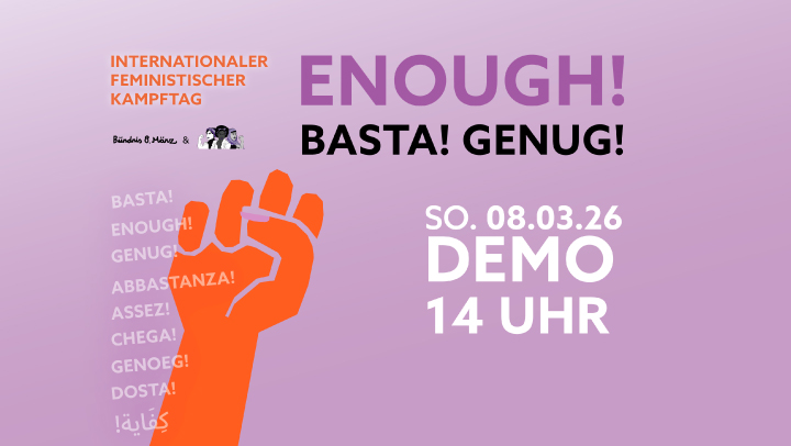 Bild mit einer Faust und Info zur Demo am 8. März 2026 