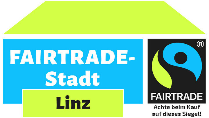 Fairtrade-Logo mit dem Text: Fairtrade - Achte beim Kauf auf dieses Siegel / Fairtrade-Stadt Linz