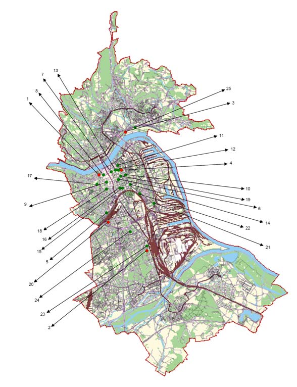 Karte von Linz mit der Gebietsabgrenzung für die Passivsammlermessung