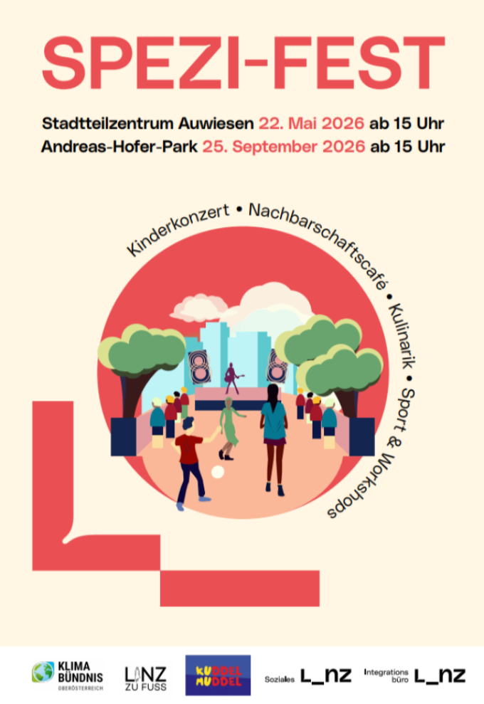 Plakat f&uuml;r SPEZI-Fest, beiger Hintergrund, rote Schrift, Grafik mit Konzert und Menschen