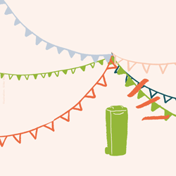 Illustration von Wimpelketten und einer grünen Mülltonne