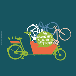 Illustration eines Lastenfahrrades, das andere Fahrräder transportiert, mit der Aufschrift 'Du kannst mich kostenlos ausleihen!'