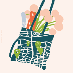 Illustration einer Einkaufstasche mit Blumen und Werkzeug