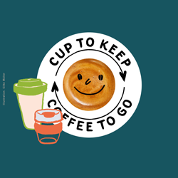Illustration von Kaffeebechern und Logo 'Cup to keep - coffee to go'