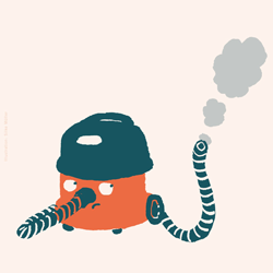 Illustration eines Staubsaugers mit Kulleraugen und rauchendem Schlauch