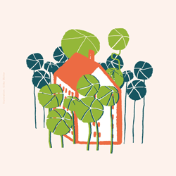 Illustration eines Gebäudes mit vielen Bäumen rund um das Gebäude