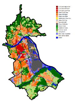 Einteilung der Stadt Linz in Local Climate Zones mit unterschiedlicher Farbgebung für die jeweilige Kategorie