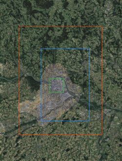 Darstellung der Simulationsgebiete für die Mikroklimasimulation mit drei Gebieten die durch jeweils ein Rechteck definiert sind