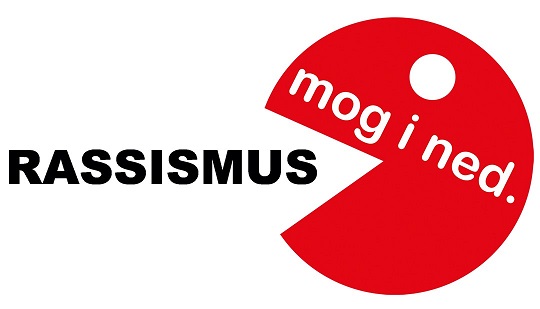 Sujet von 'Rassismus mog I net' - ein roter Pacman frisst das Wort Rassismus