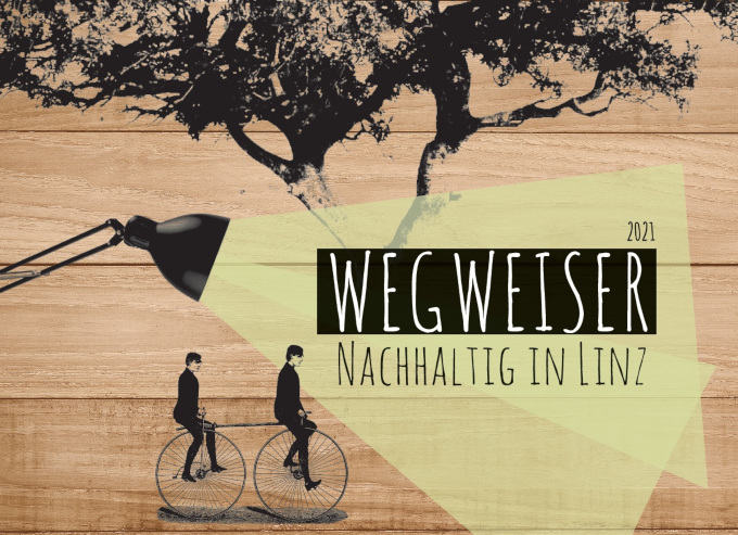 Titelblatt des Wegweisers Nachhaltig in Linz 2021 mit stilisiertem Baum und historischem Fahrrad