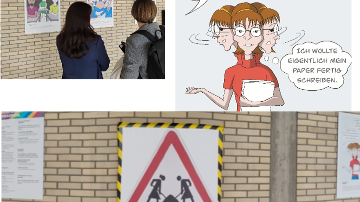 Zwei Frauen betrachten an einer Ziegelsteinwand hängende Plakate, daneben eine Comiczeichnung einer Frau mit drei Köpfen und Sprechblase sowie ein Warnschild mit zwei Personen, die Lasten tragen.