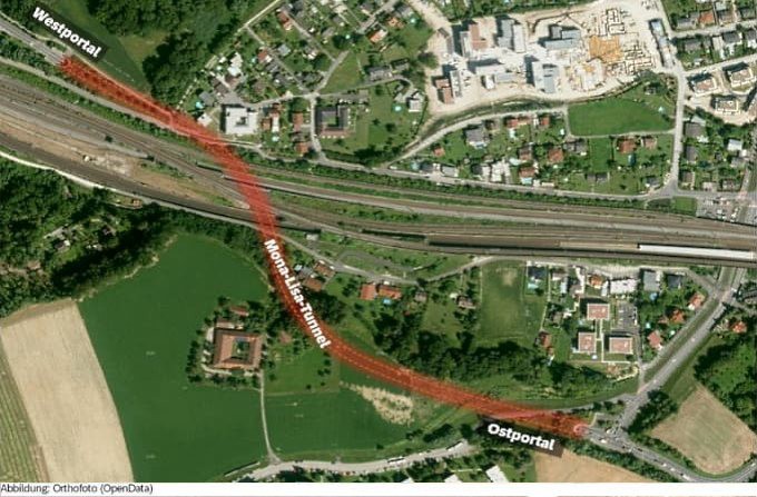 Luftbild mit Verlauf des Mona-Lisa-Tunnels