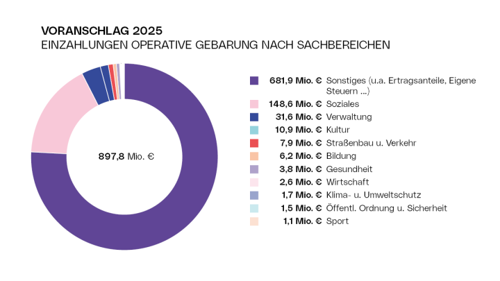 Diagramm Voranschlag 2025 - Einzahlungen der operativen Gebarung nach Sachbereichen