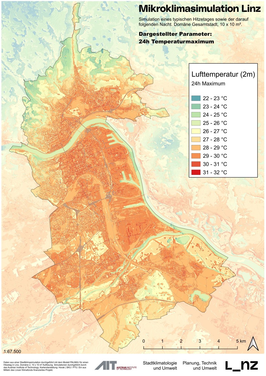 Stadt Linz/Abt. SKU, Johannes Horak Mikroklimasimulation - Maximaltemperaturen mit 10x10m Auflösung