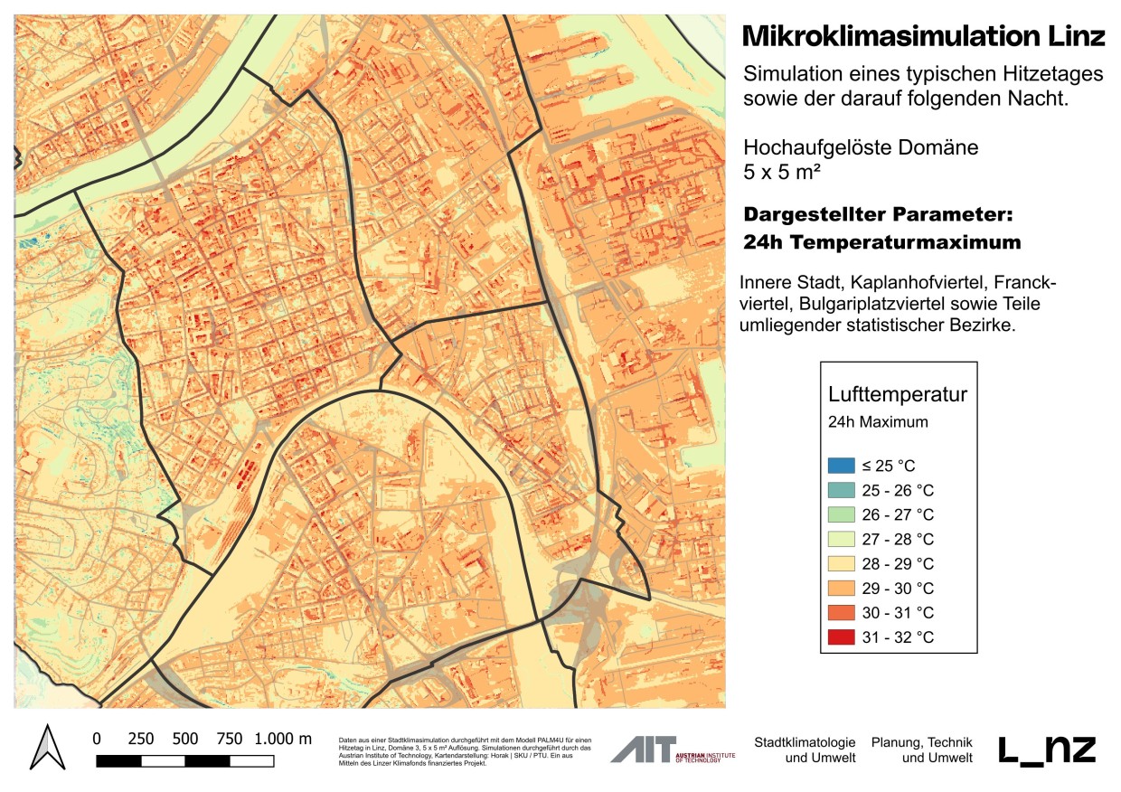 Stadt Linz/Abt. SKU, Johannes Horak Mikroklimasimulation - Maximaltemperaturen mit 5x5m Auflösung