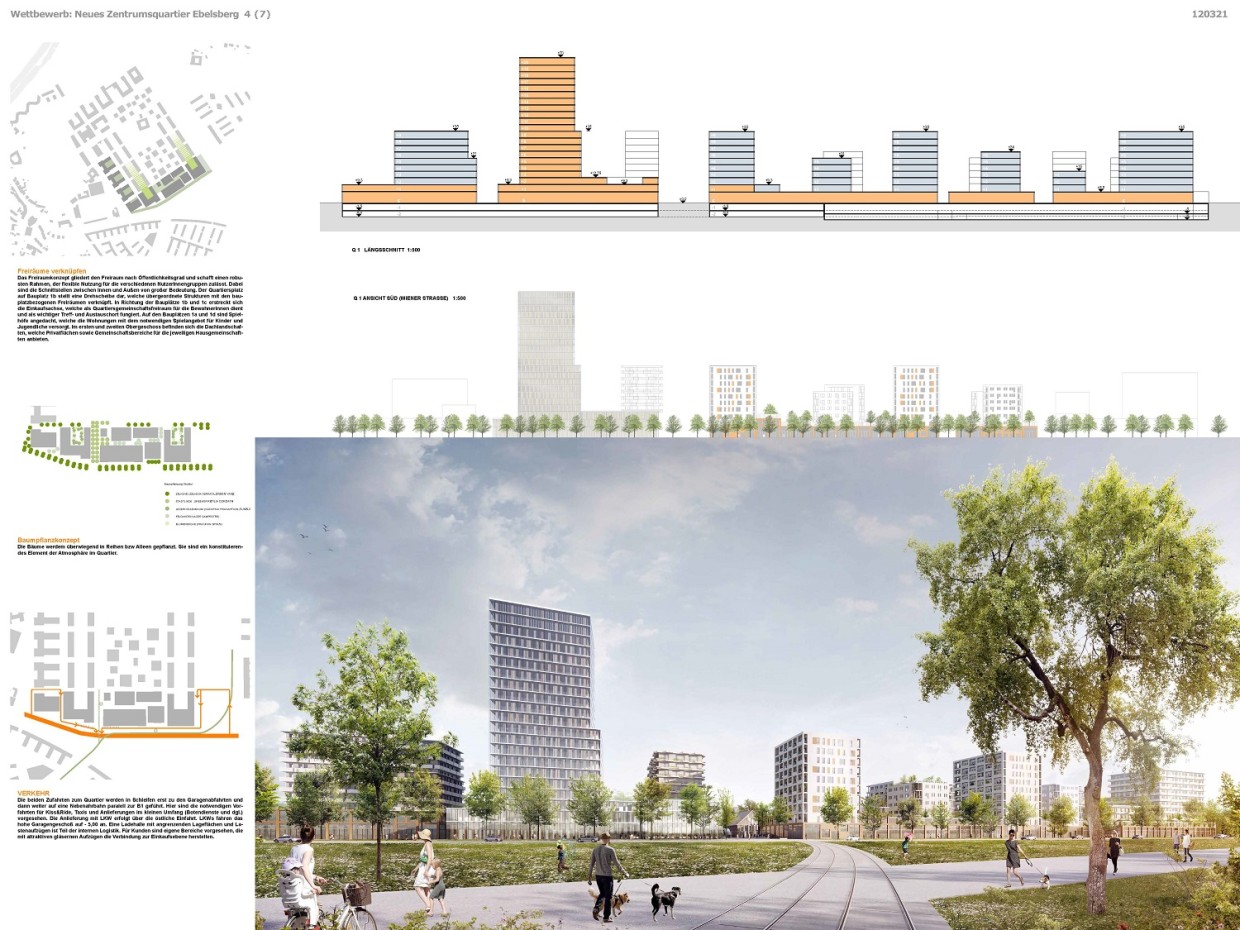 Frötscher Lichtenwagner Architekten Rendering und Plan zeien Höhenentwicklung der Gebäude
