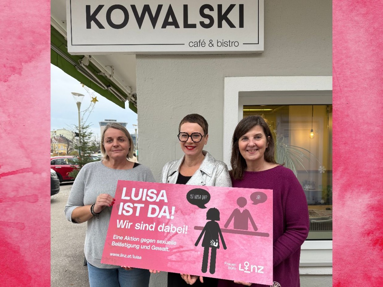 Foto mit Frauenstadträtin Eva Schobesberger, Frauenbeauftragter Anne Brack und Kowalski am Südbahnhofmarkt
