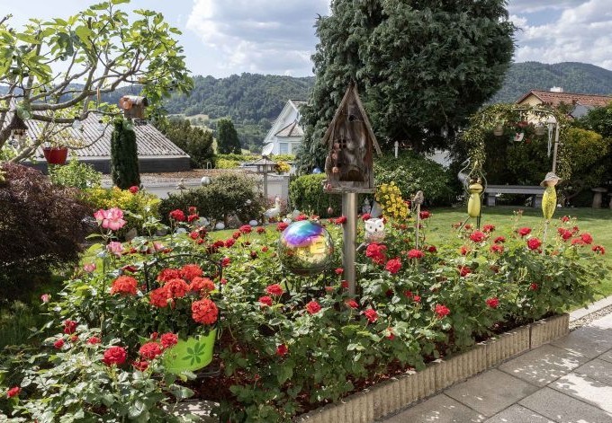 Roman Schinagl Rosen im Vordergrund, verschiedene Gehölze, Dekoartikel