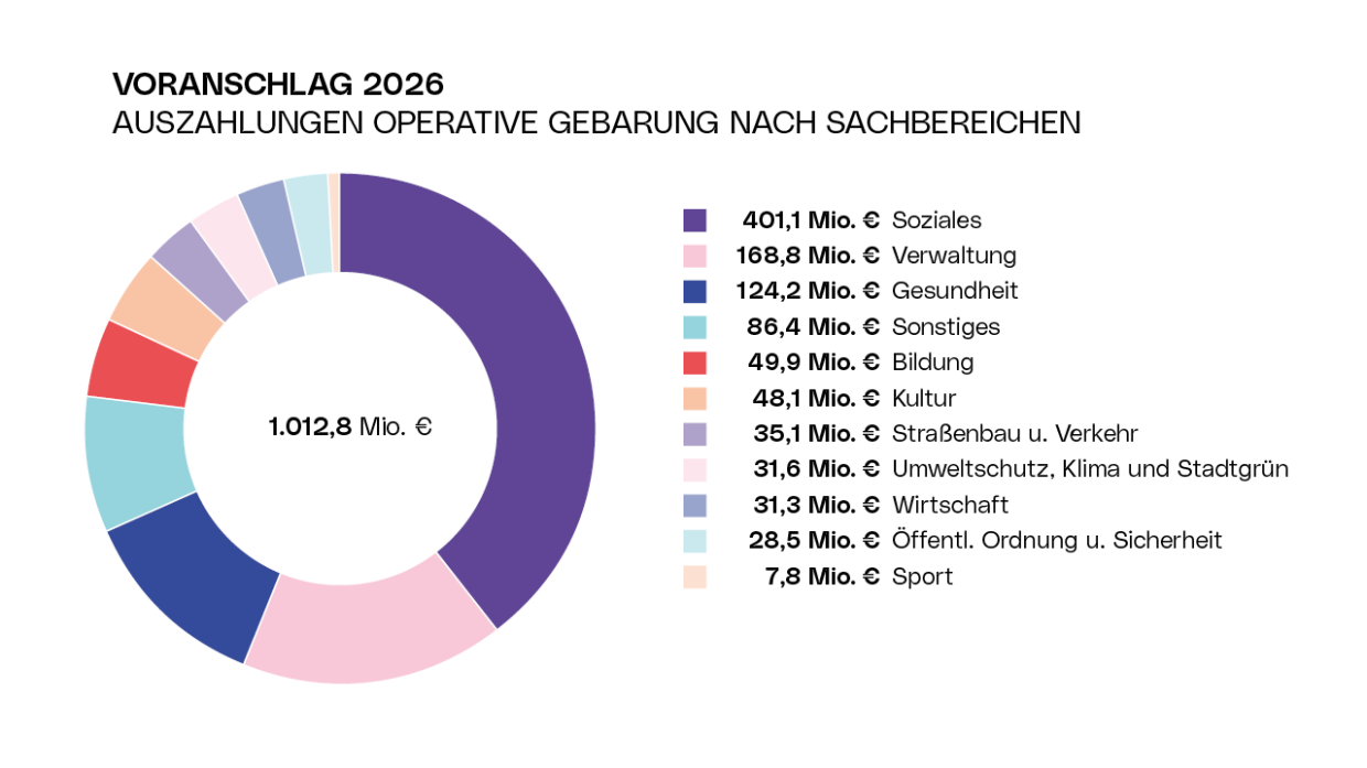 Voranschlag 2026 - Auszahlungen der operativen Gebarung nach Sachbereichen Diagramm Voranschlag 2026 - Auszahlungen der operativen Gebarung nach Sachbereichen
