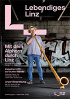 Cover des Lebendiges Linz, September 2026: Ein Alphornbläser