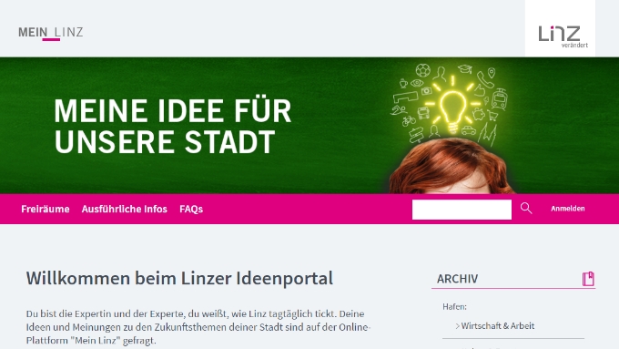 Screenshot der Plattform Mein Linz