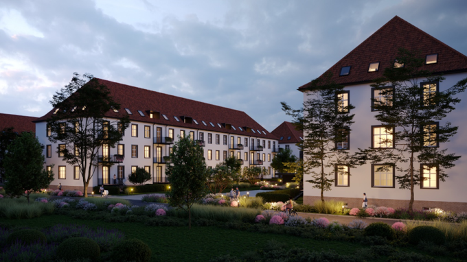 Neun Kasernengebäude werden im Rahmen des Projekts Sommerfeld Ebelsberg zu Wohnhäusern; Rendering: WSF Privatstiftung