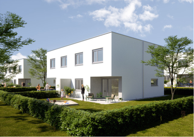 Am Katharina-Pieslinger-Weg in Linz-Kleinwört entstehen 14 Doppelhaushälften mit Garten und Terrasse bis Mitte 2024 durch die Neue Heimat OÖ; Rendering: Janusch