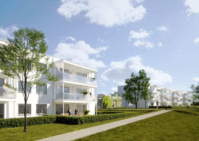 Am Theresia-Brandl-Weg in Linz errichtet die Neue Heimat OÖ 21 Miet- und 12 Eigentumswohnungen; Rendering: Janusch