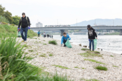 Personengruppe beim Müll sammeln am Donauufer