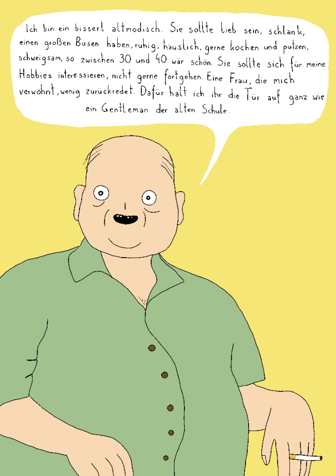 Cartoon-Mann mit Sprechblase und beschreibt seine Wunschfrau