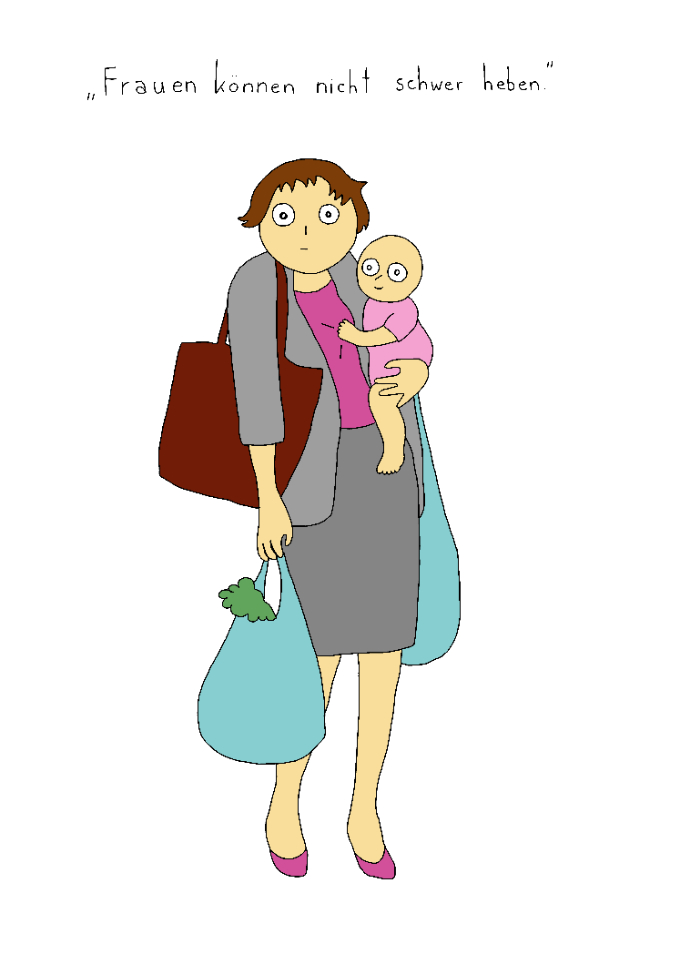 Cartoon, Frau mit Baby am Arm, Text: Frauen können nicht schwer heben