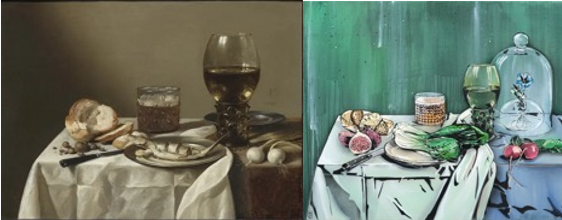 Das Original-Gem&auml;lde „Stillleben und Glaspokal“ von Pieter Claesz (links) und die Neuinterpretation von Jana&JS. Fotocredits: UMJ/N.Lackner, Jana&JS