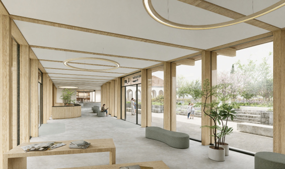 Das neue Eingangsgeb&auml;ude schafft mit seiner transparenten Architektur eine unmittel-bare Verbindung zwischen Innenraum und Natur. Rendering: Architekten Kneidinger ZT GmbH