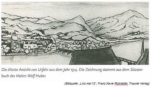 Die &auml;lteste Ansicht von Urfahr aus dem Jahr 1514. Die Zeichnung stammt aus dem Skizzenbuch des Malers Wolf Huber
