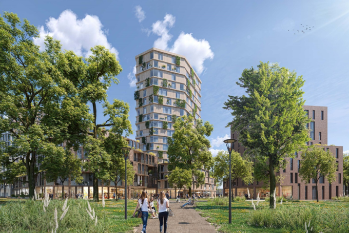 Symbolbild: Bei den Hochpunkten liegt der Fokus auf attraktiven Erdgeschosszonen f&uuml;r die Bewohner*innen des Franckviertels. Das Rendering ist ein Symbolbild und zeigt wie eine k&uuml;nftige Architektur und Gestaltung aussehen k&ouml;nnte. Bildnachweis: Planungsteam G&ouml;lsdorf Areal