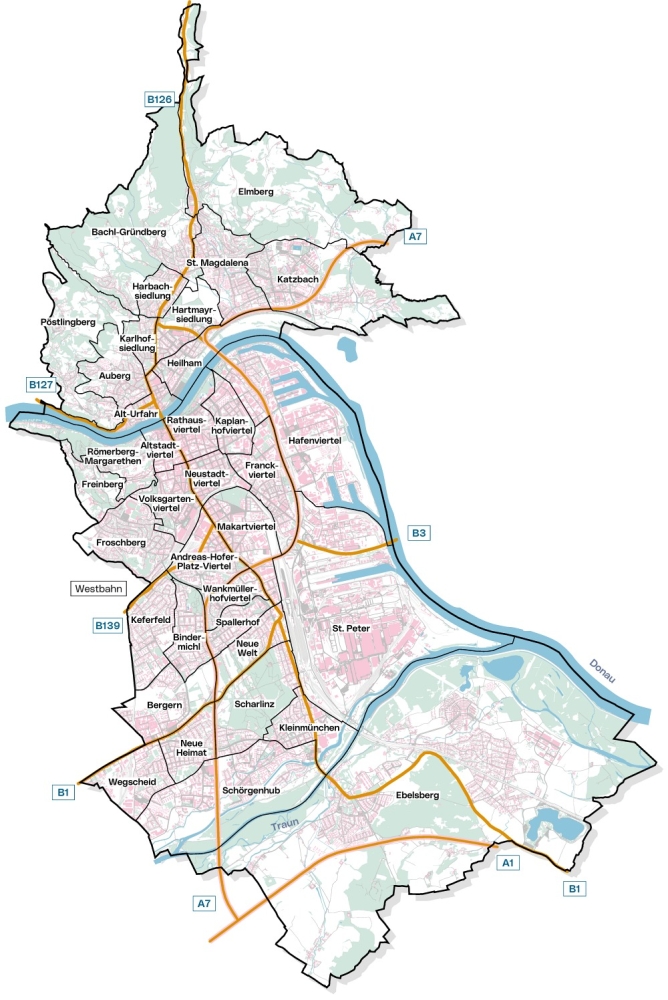 Linzer Stadtkarte mit den statistschen Bezirken aus dem Jahr 1957