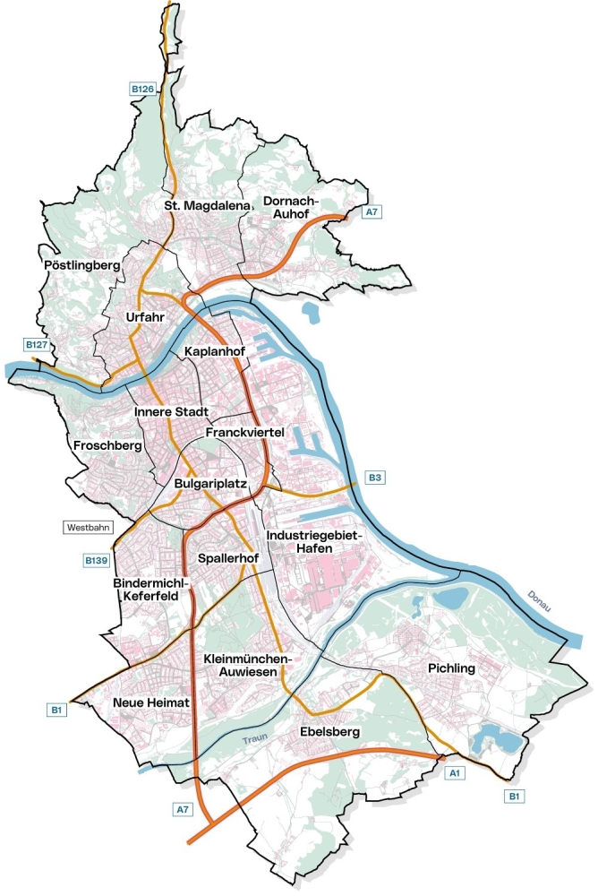 Linzer Stadtkarte mit den statistschen Bezirken aus dem Jahr 2014