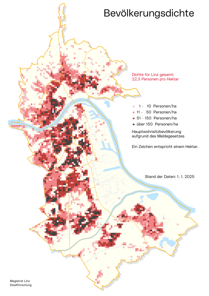 Stadtkarte Bevölkerungsdichte - Planquadrate: Die Grafik stellt die Zahl der Personen pro Planquadrat in 5 Farben dar.