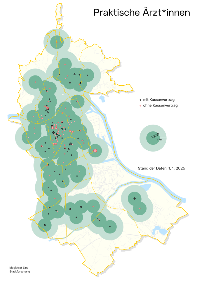 Stadtkarte Praktische Ärzt*innen: Die Grafik zeigt, wie sich die Ordinationen über das Stadtgebiet verteilen.