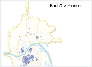 Stadtkarte Fachärzt*innen:   Die Grafik zeigt, wie sich die Ordinationen über das Stadtgebiet verteilen.