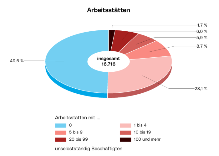 Arbeitsstätten - Beschäftigtenzahl: Die Arbeitsstätten wurden je nach Zahl der unselbstständig Beschäftigen in 6 Gruppen eingeteilt. Das Kreisdiagramm zeigt, wie groß der Anteil jeder Gruppe an der Gesamtzahl der Arbeitsstätten ist.