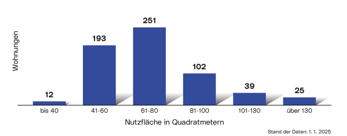 Wohnungsgrößen der Neubauwohnungen: Die Grafik zeigt die Verteilung der im Jahr 2022 in Neubauten errichteten Wohnungen als Balkendiagramm kategorisiert nach der Nutzfläche in Quadratmetern: bis 40 m², 41-60 m², 61-80 m², 81-100 m², 101-130 m², über 130 m².