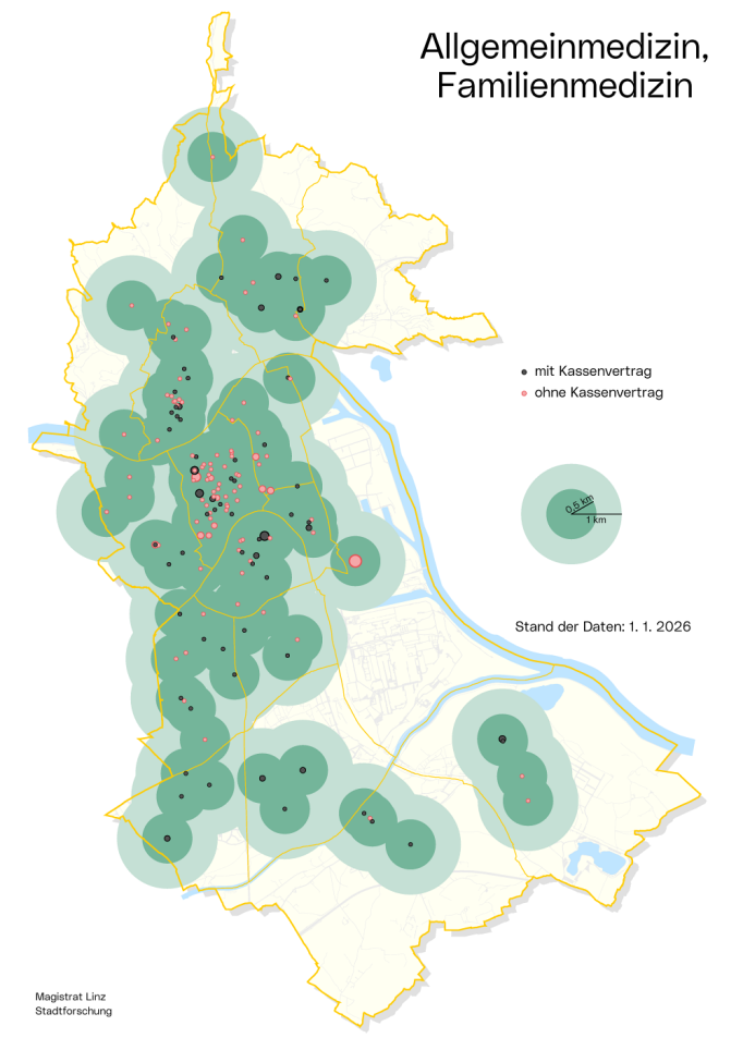 Stadtkarte Praktische Ärzt*innen: Die Grafik zeigt, wie sich die Ordinationen über das Stadtgebiet verteilen.