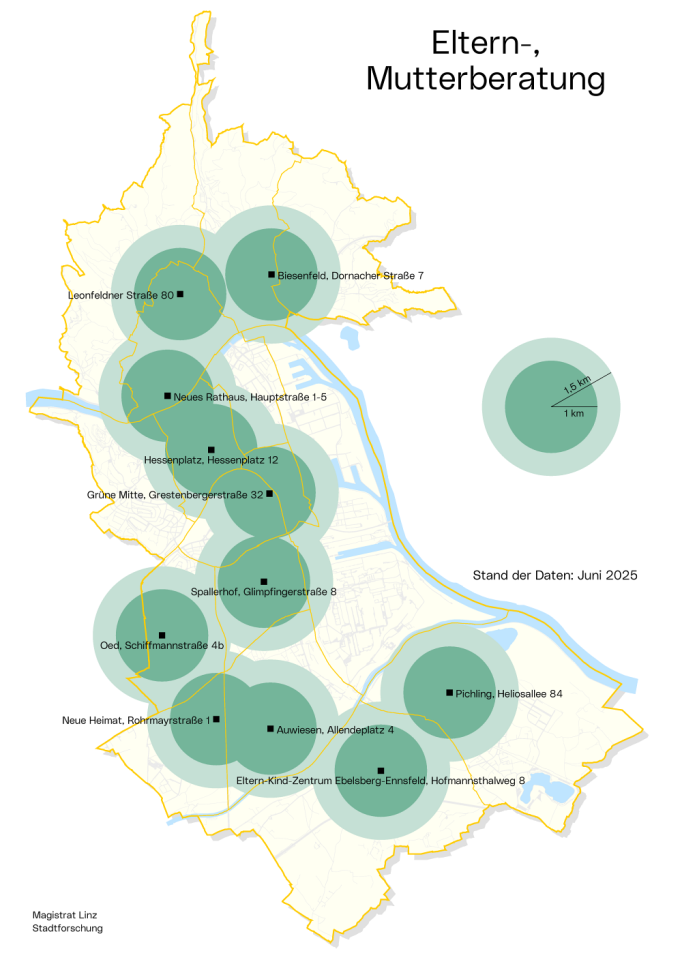 Stadtkarte Eltern-, Mutterberatung: Die Grafik zeigt, wo eine Eltern-, Mutterberatung angeboten wird.