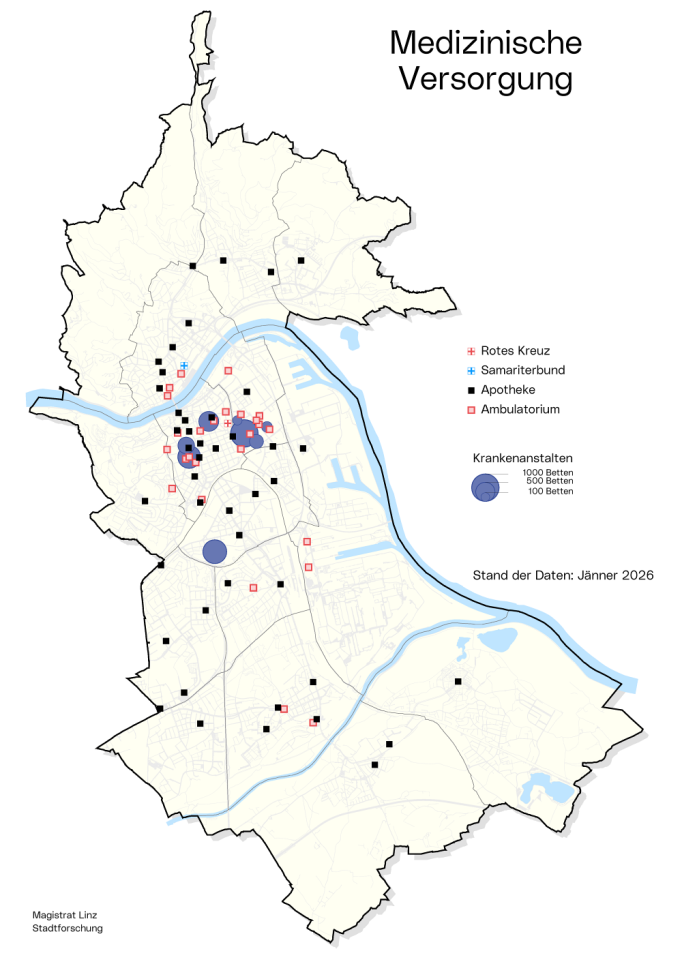 Stadtkarte Medizinische Versorgung: Die Grafik zeigt die Verteilung der Krankenanstalten, Ambulatorien,   Apotheken und Rettungsorganisationen über das Stadtgebiet.