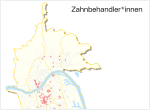 Stadtkarte Zahnbehandler*innen: Die Grafik zeigt, wie sich die Ordinationen über das Stadtgebiet verteilen.