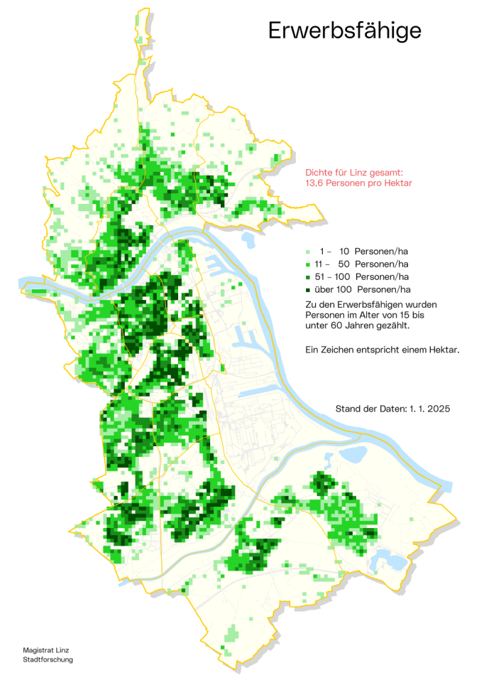 Stadtkarte Erwerbsfähige: Die Grafik stellt die Zahl der Erwerbsfähigen pro Planquadrat dar.