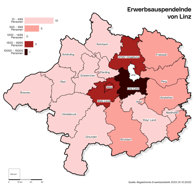 Auspendler*innen: Die Grafik zeigt die Erwerbsauspendler*innen von Linz nach Bezirken.